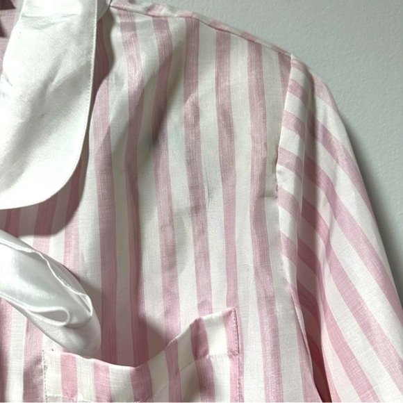 💙 Vintage Savant Pink White Striped Tie Neck Secretary Blouse Size Large Retro - Picture 8 of 16